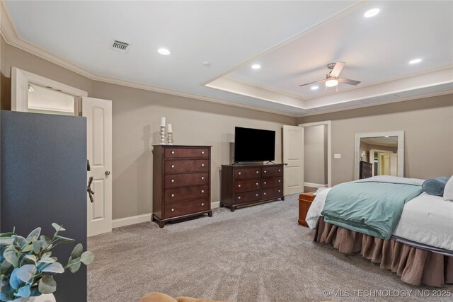 carpeted bedroom with crown molding, recessed lighting, and visible vents