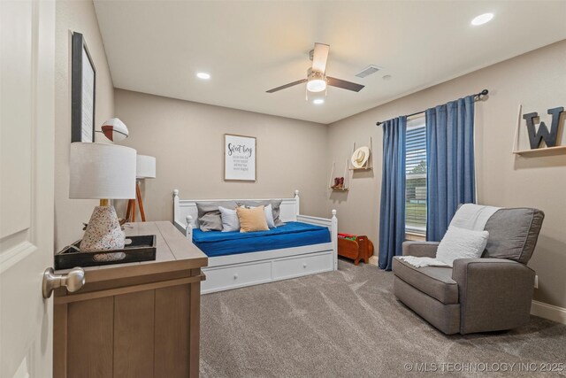 carpeted bedroom with recessed lighting, a ceiling fan, visible vents, and baseboards