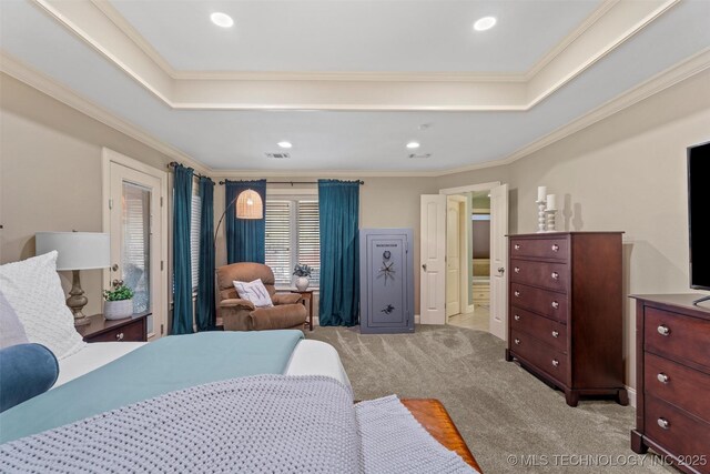 bedroom with a raised ceiling, ornamental molding, and light colored carpet