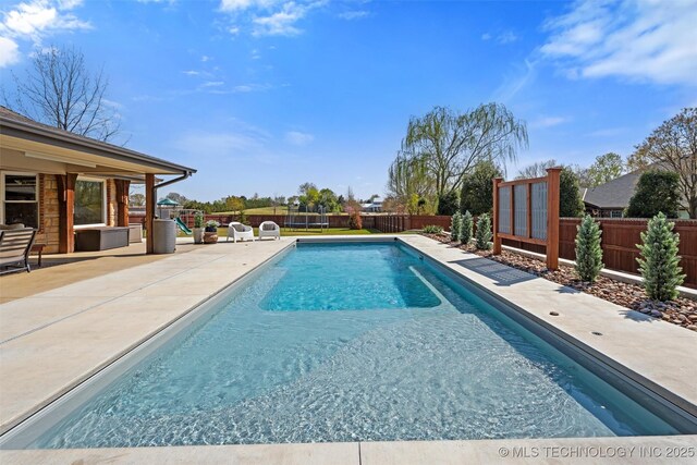 view of swimming pool with a fenced backyard, a fenced in pool, and a patio