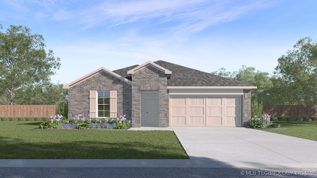 ranch-style house with fence, an attached garage, brick siding, a front yard, and concrete driveway