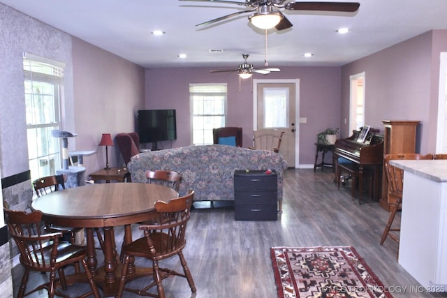 1005 N Osage St, Chouteau, OK 74337 - dining room with a ceiling fan, dark wood-style flooring, recessed lighting, and baseboards