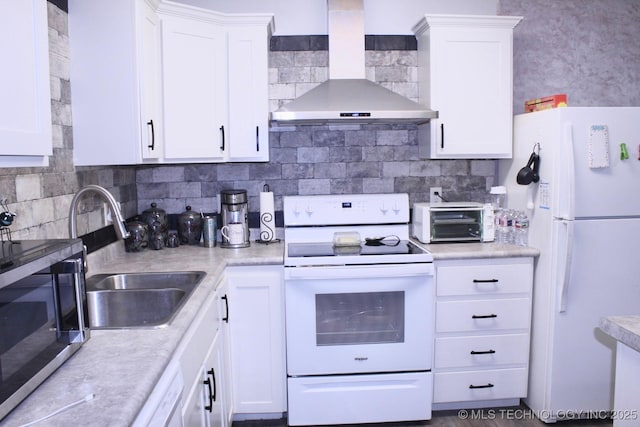 1005 N Osage St, Chouteau, OK 74337 - kitchen featuring white appliances, wall chimney exhaust hood, decorative backsplash, and a sink