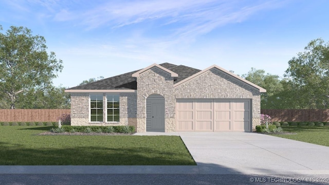 view of front of property with an attached garage, fence, stone siding, and a front lawn