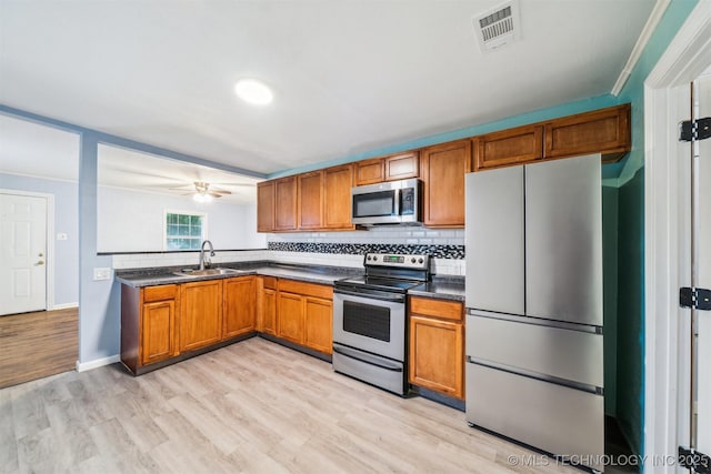 kitchen featuring appliances with stainless steel finishes, a sink, dark countertops, and brown cabinets