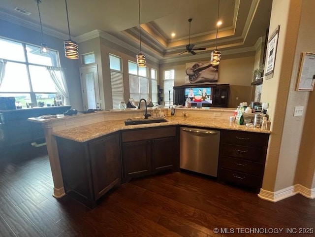 kitchen featuring a sink, a wealth of natural light, crown molding, and dishwasher