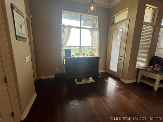 6735 Wilson, Durant, OK 74701 - entrance foyer featuring crown molding, baseboards, and dark wood finished floors