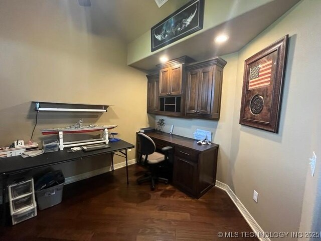 6735 Wilson, Durant, OK 74701 - office featuring baseboards and dark wood finished floors