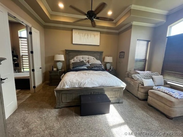 carpeted bedroom with ornamental molding, recessed lighting, and ceiling fan