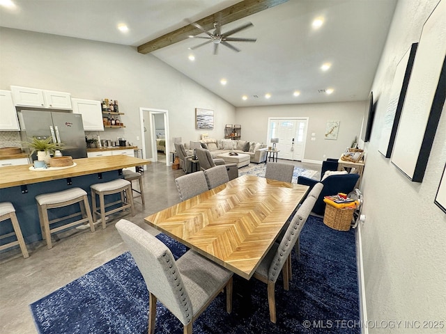 dining space featuring a ceiling fan, lofted ceiling with beams, concrete floors, and recessed lighting
