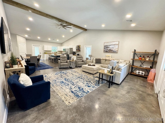 living area with a ceiling fan, recessed lighting, vaulted ceiling with beams, finished concrete floors, and visible vents