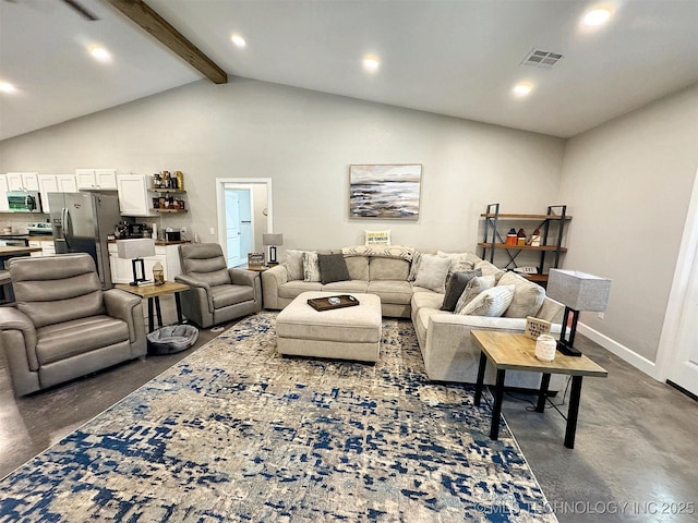 living area with lofted ceiling with beams, concrete floors, recessed lighting, baseboards, and visible vents