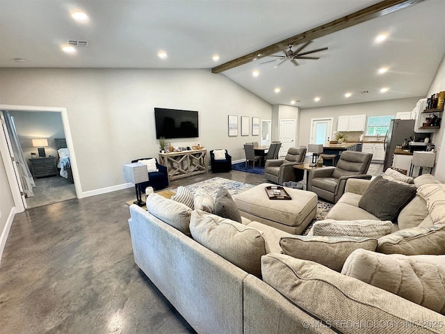 living room featuring visible vents, concrete flooring, baseboards, vaulted ceiling with beams, and a ceiling fan