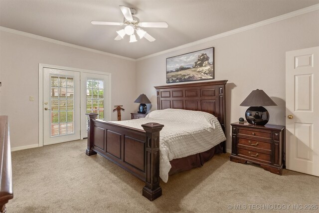 13303 E 95th Pl N, Owasso, OK 74055 - bedroom featuring crown molding, ceiling fan, light colored carpet, access to exterior, and baseboards