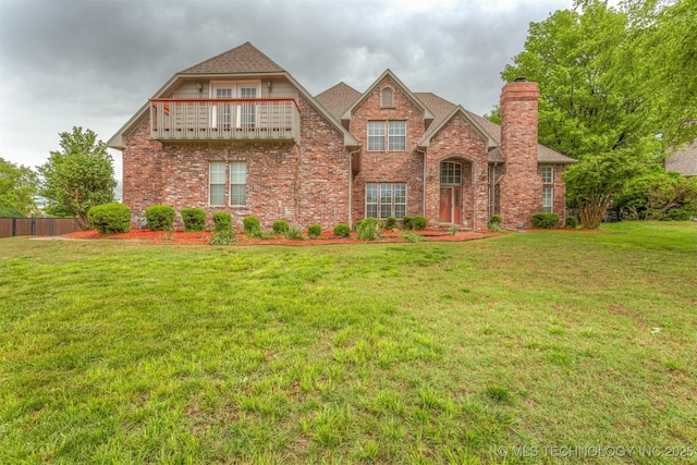 13303 E 95th Pl N, Owasso, OK 74055 - view of front facade with fence, a chimney, a front lawn, and a balcony