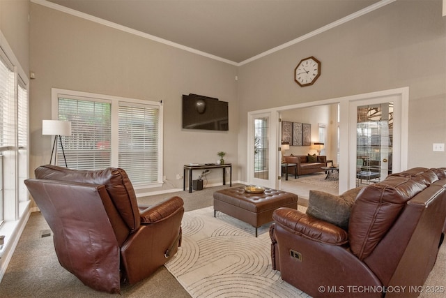 13303 E 95th Pl N, Owasso, OK 74055 - living room with carpet floors, crown molding, and a healthy amount of sunlight