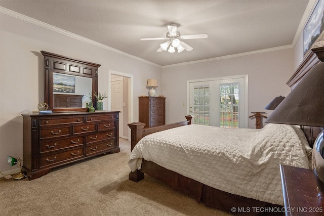 13303 E 95th Pl N, Owasso, OK 74055 - bedroom featuring access to outside, ornamental molding, a ceiling fan, and light colored carpet