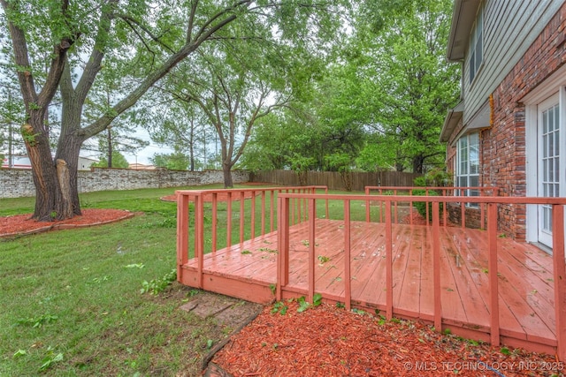 13303 E 95th Pl N, Owasso, OK 74055 - wooden terrace featuring a fenced backyard and a yard