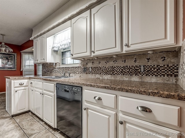 kitchen with a sink, white cabinetry, backsplash, and dishwasher