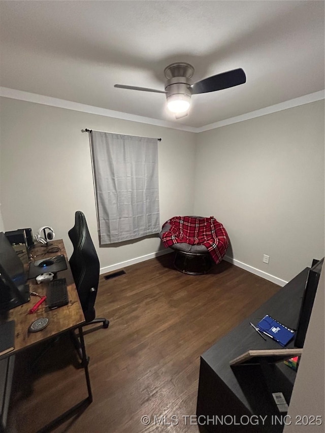 1705 Tower Dr, Ardmore, OK 73401 - office featuring crown molding, wood finished floors, ceiling fan, and baseboards