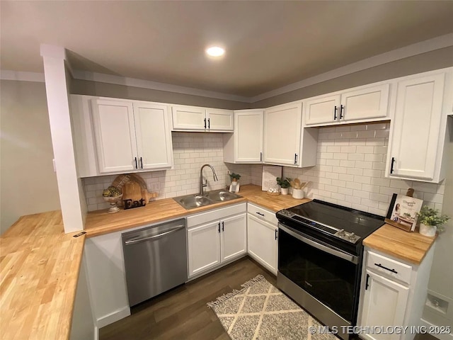 1705 Tower Dr, Ardmore, OK 73401 - kitchen with stainless steel dishwasher, wood counters, a sink, electric range oven, and white cabinets