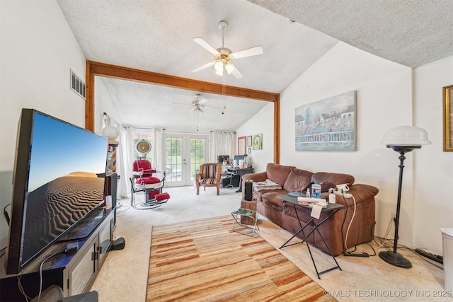 25805 S Clayton Ave, Claremore, OK 74019 - living area featuring carpet floors, a textured ceiling, a ceiling fan, vaulted ceiling, and visible vents