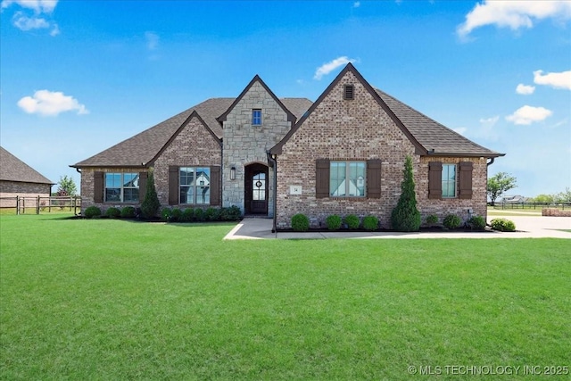 french country home featuring brick siding, fence, and a front yard