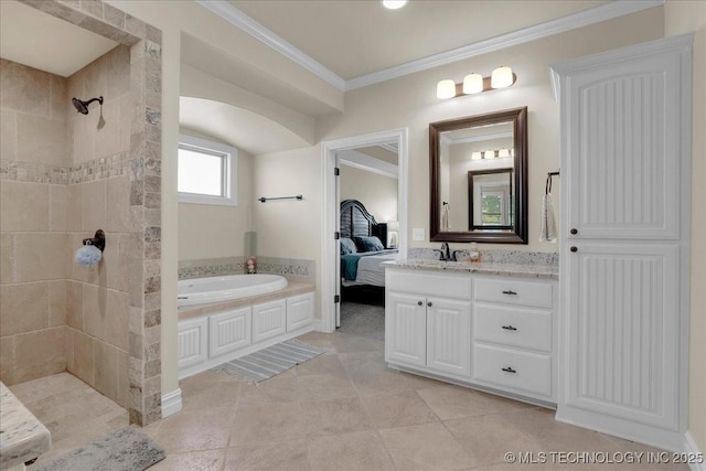 ensuite bathroom with vanity, ornamental molding, connected bathroom, a bath, and a tile shower