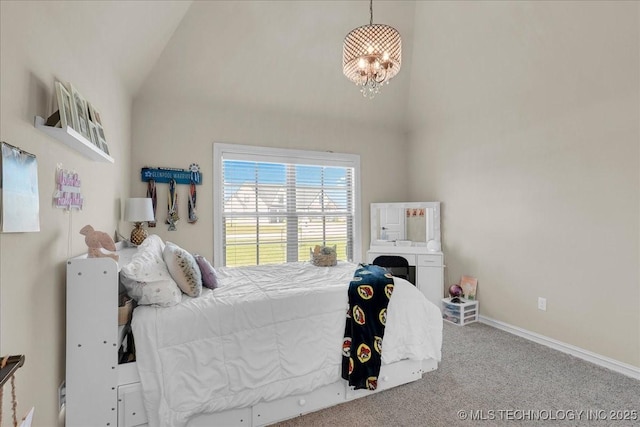 bedroom with carpet floors, high vaulted ceiling, a notable chandelier, and baseboards