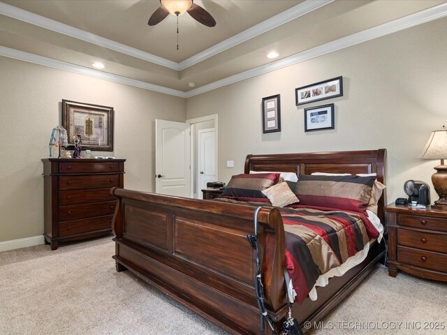 5406 Ashbrook Dr, Bartlesville, OK 74006 - bedroom featuring light colored carpet, recessed lighting, a raised ceiling, and crown molding