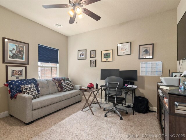 5406 Ashbrook Dr, Bartlesville, OK 74006 - office with baseboards, carpet, a ceiling fan, and visible vents
