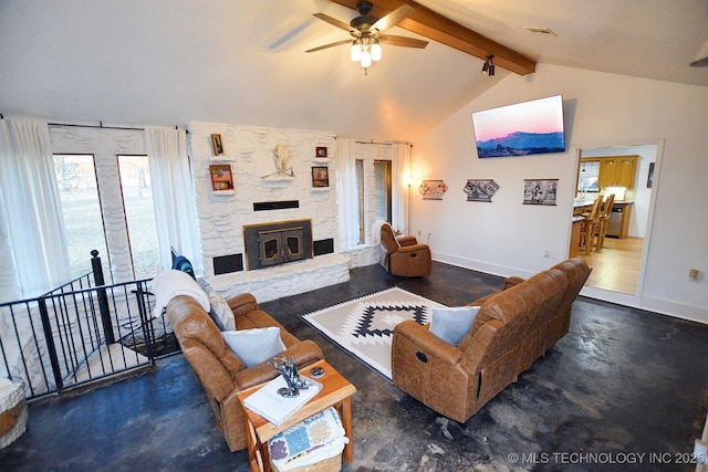 living area with visible vents, baseboards, a stone fireplace, ceiling fan, and lofted ceiling with beams