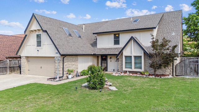 view of front of property featuring fence, a shingled roof, concrete driveway, and stone siding