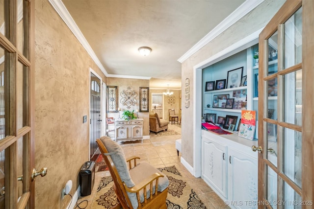 corridor featuring an inviting chandelier, light tile patterned floors, and ornamental molding