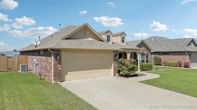 view of front of house with fence, roof with shingles, brick siding, a garage, and central air condition unit