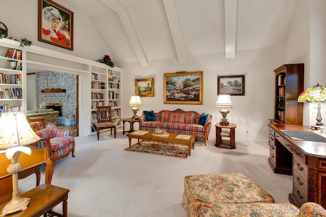 living area with carpet flooring, a stone fireplace, and vaulted ceiling with beams