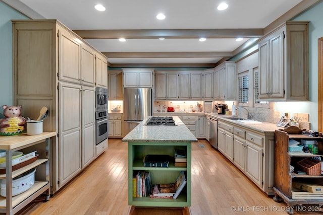 kitchen featuring open shelves, a sink, beam ceiling, a center island, and stainless steel appliances