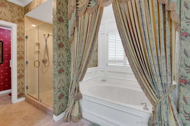 full bathroom with baseboards, a shower stall, wallpapered walls, and a bath