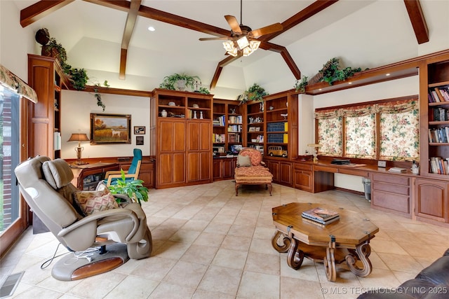 sitting room featuring visible vents, beam ceiling, built in study area, ceiling fan, and recessed lighting