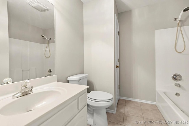 bathroom with washtub / shower combination, tile patterned flooring, vanity, toilet, and visible vents