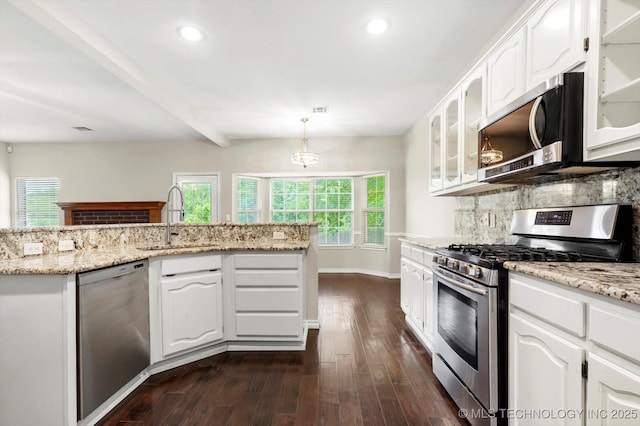 kitchen with glass insert cabinets, dark wood-type flooring, white cabinetry, a sink, and stainless steel appliances