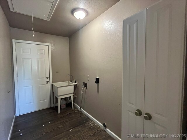 304 E 45th Ct, Tulsa, OK 74105 - clothes washing area featuring attic access, hookup for a washing machine, dark wood-type flooring, and baseboards