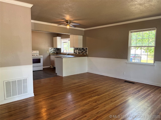 304 E 45th Ct, Tulsa, OK 74105 - unfurnished room with a textured ceiling, a ceiling fan, dark wood finished floors, a sink, and crown molding
