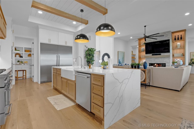 kitchen with a sink, high end appliances, a ceiling fan, and light wood finished floors