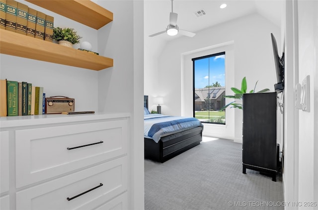 bedroom featuring recessed lighting, a ceiling fan, visible vents, and light carpet
