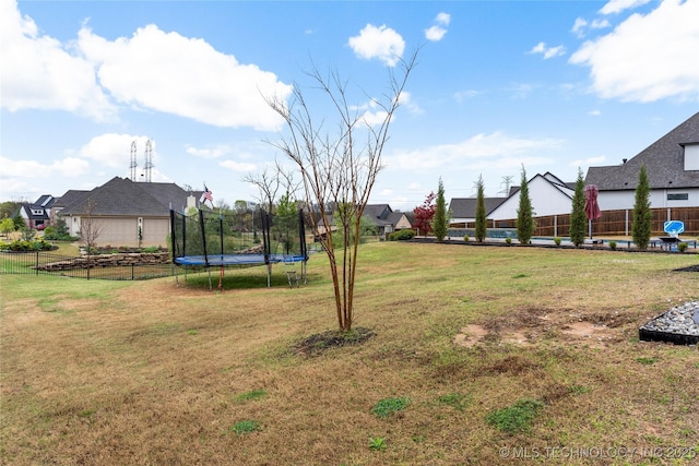 13641 S 27th St E, Bixby, OK 74008 - view of yard with a trampoline, fence, and a residential view