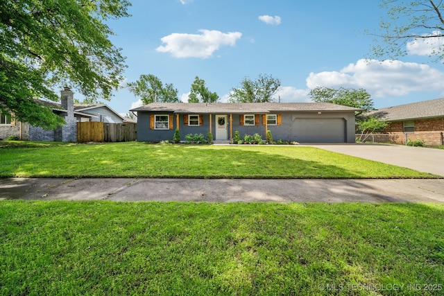 ranch-style house featuring fence, concrete driveway, a front yard, and a garage