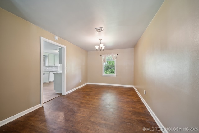 109 S Coo Y Yah St, Pryor, OK 74361 - empty room with visible vents, baseboards, a notable chandelier, and dark wood-style floors