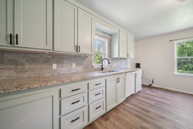 109 S Coo Y Yah St, Pryor, OK 74361 - kitchen with decorative backsplash, white dishwasher, a sink, baseboards, and light wood finished floors