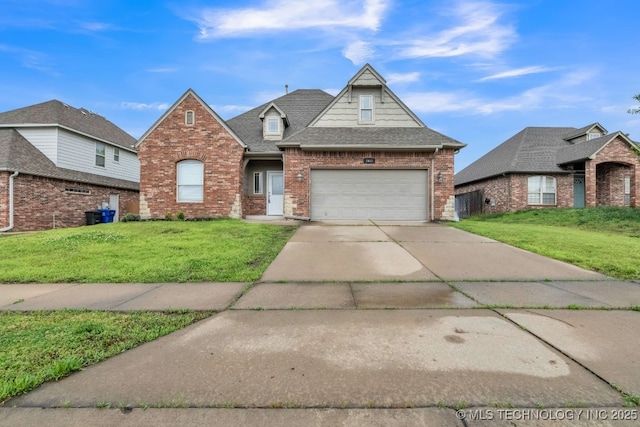 traditional-style house with a shingled roof, an attached garage, a front lawn, brick siding, and concrete driveway